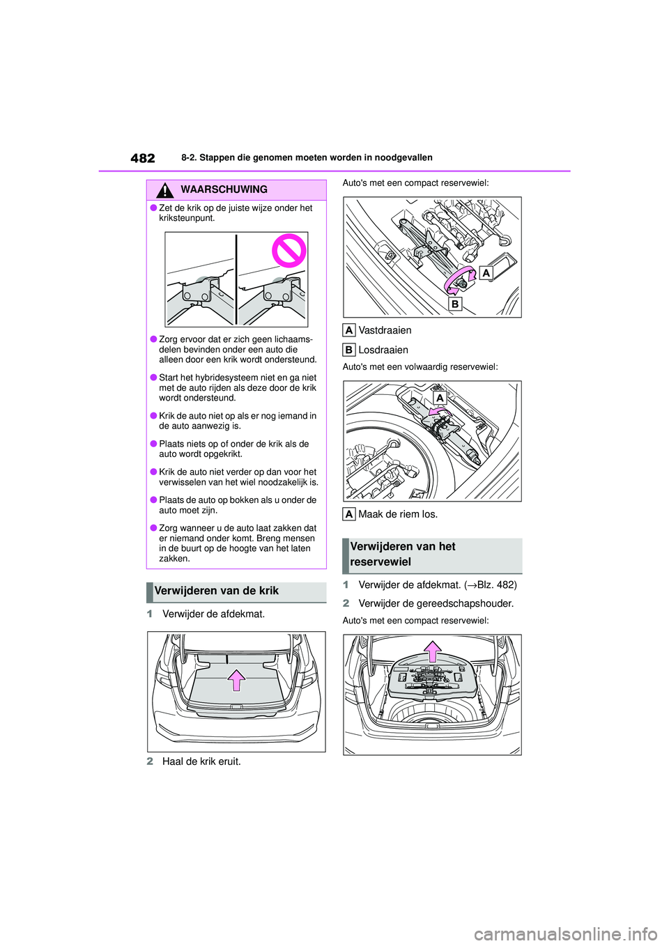 TOYOTA COROLLA 2022  Instructieboekje (in Dutch) 4828-2. Stappen die genomen moeten worden in noodgevallen
1Verwijder de afdekmat.
2 Haal de krik eruit.
Autos met een compact reservewiel:
Vastdraaien
Losdraaien
Autos met een volwaardig reservewiel