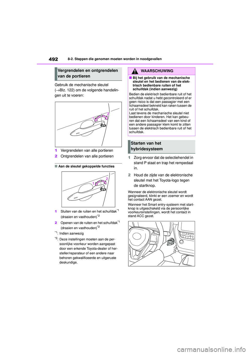 TOYOTA COROLLA 2022  Instructieboekje (in Dutch) 4928-2. Stappen die genomen moeten worden in noodgevallen
Gebruik de mechanische sleutel 
(→Blz. 122) om de volgende handelin-
gen uit te voeren:
1Vergrendelen van alle portieren
2 Ontgrendelen van 