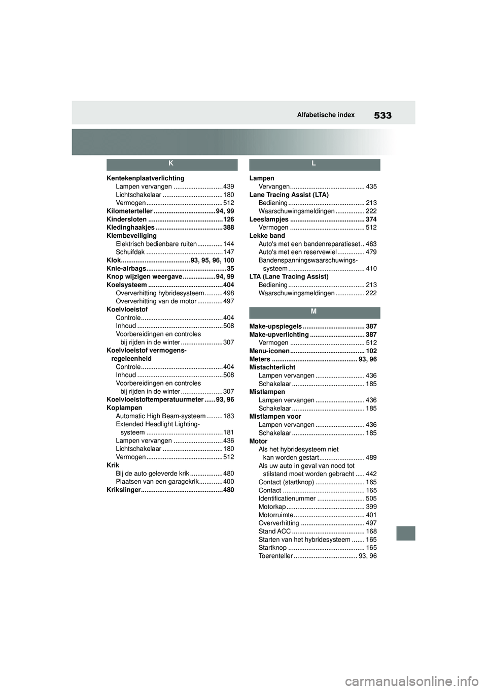TOYOTA COROLLA 2022  Instructieboekje (in Dutch) 533Alfabetische index
K
KentekenplaatverlichtingLampen vervangen ........................... 439
Lichtschakelaar ................................. 180
Vermogen ........................................