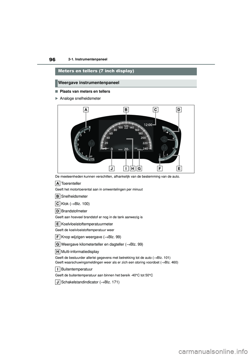 TOYOTA COROLLA 2022  Instructieboekje (in Dutch) 962-1. Instrumentenpaneel
�QPlaats van meters en tellers
Analoge snelheidsmeter
De meeteenheden kunnen verschillen, afhankelijk van de bestemming van de auto.
Toerenteller
Geeft het motortoerental 