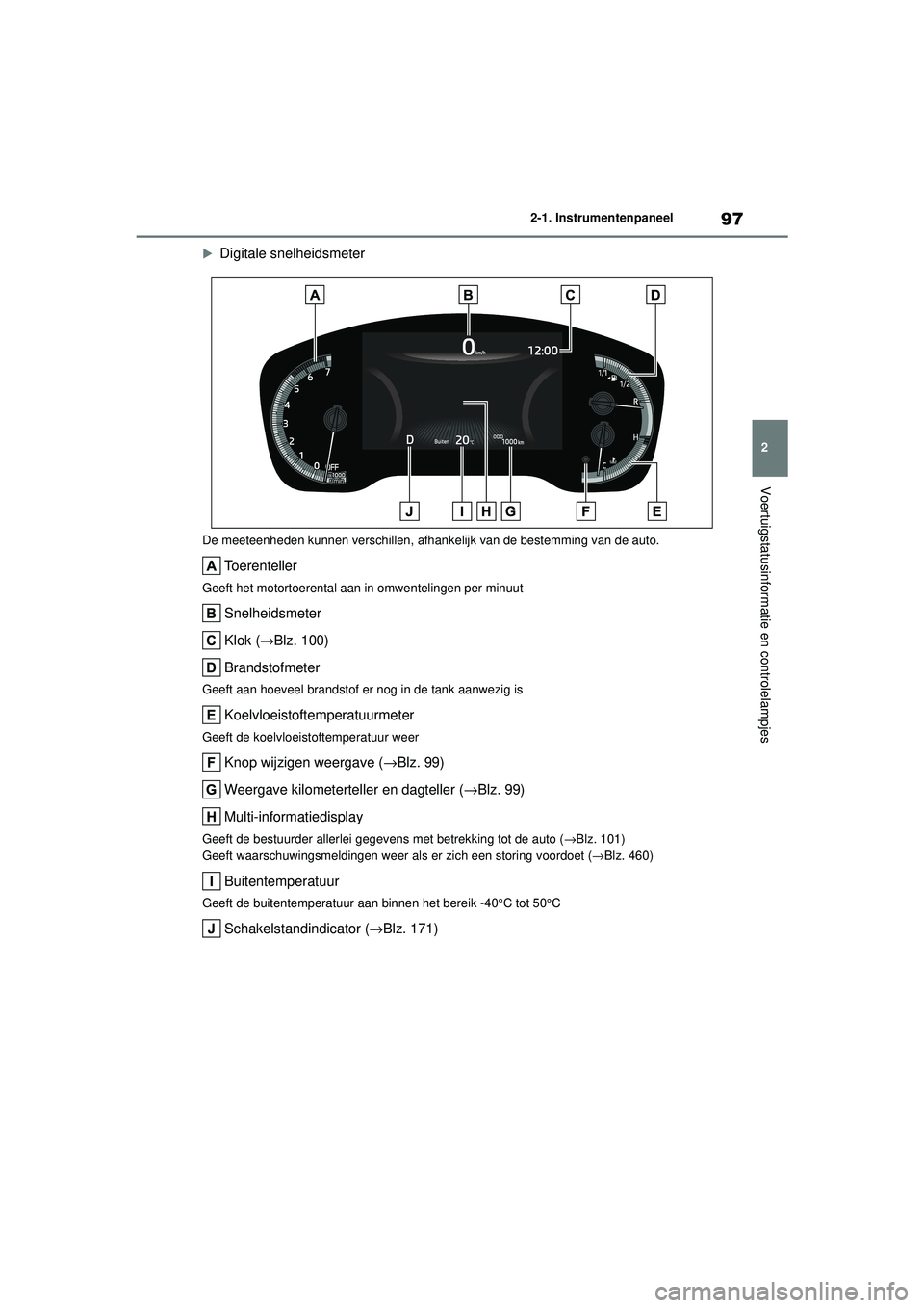 TOYOTA COROLLA 2022  Instructieboekje (in Dutch) 97
2
2-1. Instrumentenpaneel
Voertuigstatusinformatie en controlelampjes
Digitale snelheidsmeter
De meeteenheden kunnen verschillen, afhank
elijk van de bestemming van de auto.
Toerenteller
Geeft h