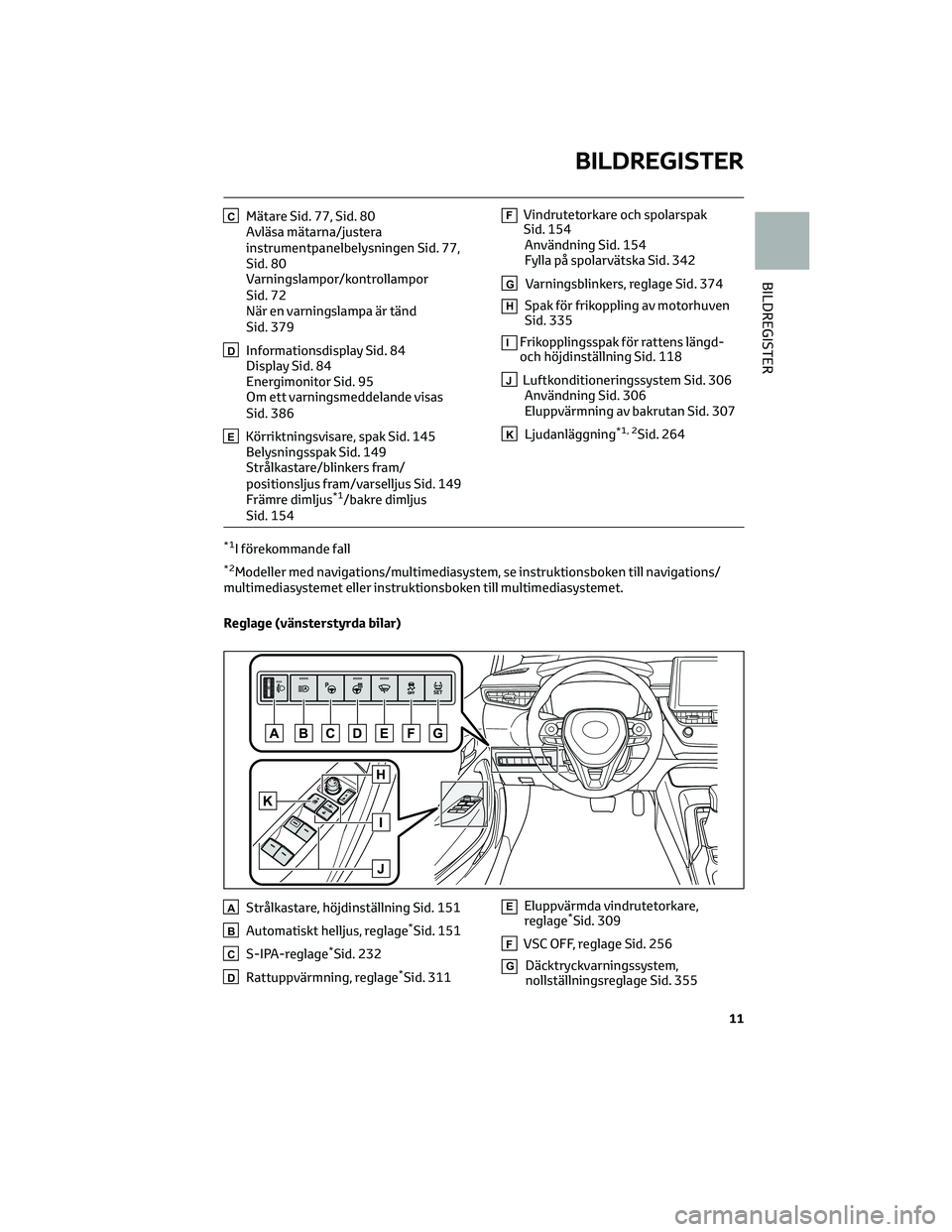 TOYOTA COROLLA 2022 Bruksanvisningar (in Swedish) CMätare Sid. 77, Sid. 80
Avläsa mätarna/justera
instrumentpanelbelysningen Sid. 77,
Sid. 80
Varningslampor/kontrollampor
Sid. 72
När en varningslampa är tänd
Sid. 379
DInformationsdisplay Sid. 8 TOYOTA COROLLA 2022 Bruksanvisningar (in Swedish) CMätare Sid. 77, Sid. 80
Avläsa mätarna/justera
instrumentpanelbelysningen Sid. 77,
Sid. 80
Varningslampor/kontrollampor
Sid. 72
När en varningslampa är tänd
Sid. 379
DInformationsdisplay Sid. 8