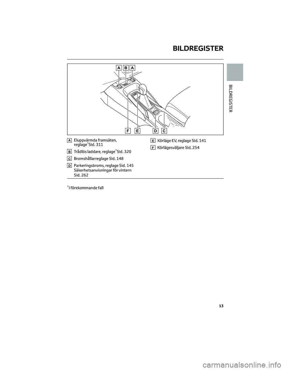 TOYOTA COROLLA 2022 Bruksanvisningar (in Swedish) AEluppvärmda framsäten,
reglage*Sid. 311
BTrådlös laddare, reglage*Sid. 320
CBromshållarreglage Sid. 148
DParkeringsbroms, reglage Sid. 145
Säkerhetsanvisningar för vintern
Sid. 262
EKörläge TOYOTA COROLLA 2022 Bruksanvisningar (in Swedish) AEluppvärmda framsäten,
reglage*Sid. 311
BTrådlös laddare, reglage*Sid. 320
CBromshållarreglage Sid. 148
DParkeringsbroms, reglage Sid. 145
Säkerhetsanvisningar för vintern
Sid. 262
EKörläge