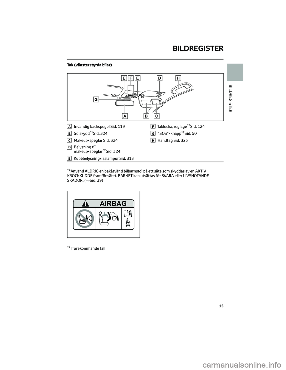 TOYOTA COROLLA 2022 Bruksanvisningar (in Swedish) Tak (vänsterstyrda bilar)
AInvändig backspegel Sid. 119
BSolskydd*1Sid. 324
CMakeup-speglar Sid. 324
DBelysning till
makeup-speglar*2Sid. 324
EKupébelysning/läslampor Sid. 313
FTaklucka, reglage*2 TOYOTA COROLLA 2022 Bruksanvisningar (in Swedish) Tak (vänsterstyrda bilar)
AInvändig backspegel Sid. 119
BSolskydd*1Sid. 324
CMakeup-speglar Sid. 324
DBelysning till
makeup-speglar*2Sid. 324
EKupébelysning/läslampor Sid. 313
FTaklucka, reglage*2