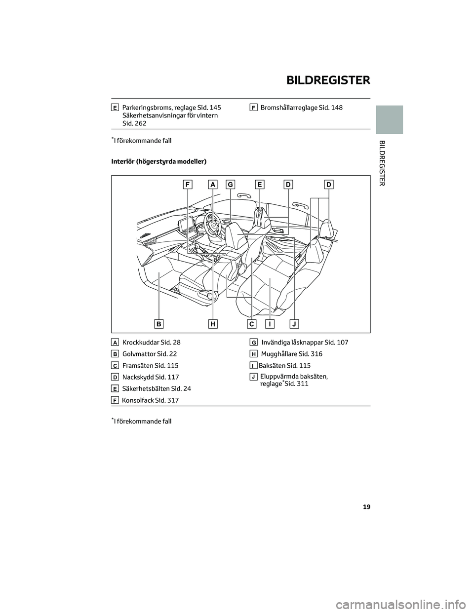 TOYOTA COROLLA 2022 Bruksanvisningar (in Swedish) EParkeringsbroms, reglage Sid. 145
Säkerhetsanvisningar för vintern
Sid. 262FBromshållarreglage Sid. 148
*I förekommande fall
Interiör (högerstyrda modeller)
AKrockkuddar Sid. 28
BGolvmattor Sid TOYOTA COROLLA 2022 Bruksanvisningar (in Swedish) EParkeringsbroms, reglage Sid. 145
Säkerhetsanvisningar för vintern
Sid. 262FBromshållarreglage Sid. 148
*I förekommande fall
Interiör (högerstyrda modeller)
AKrockkuddar Sid. 28
BGolvmattor Sid