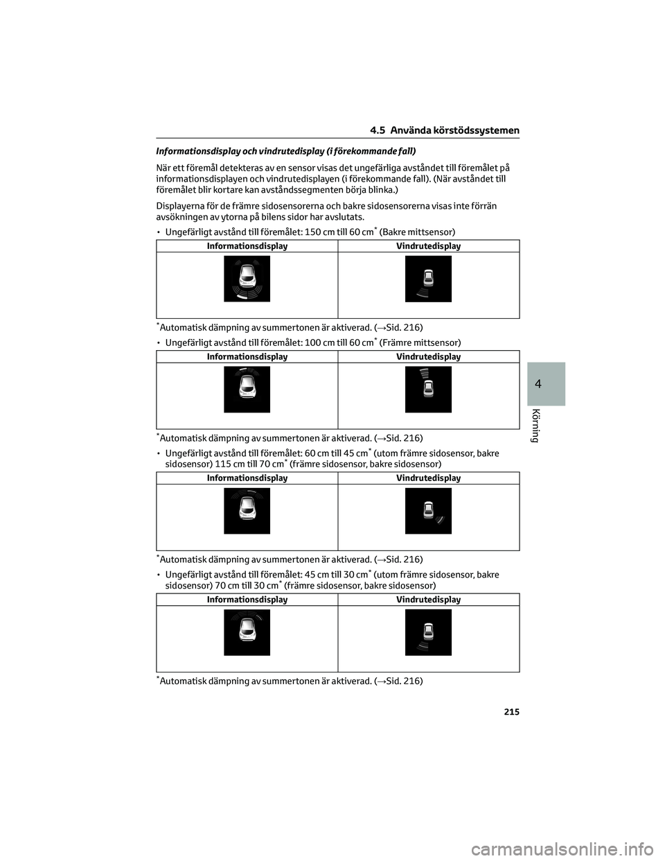 TOYOTA COROLLA 2022 Bruksanvisningar (in Swedish) Informationsdisplay och vindrutedisplay (i förekommande fall)
När ett föremål detekteras av en sensor visas det ungefärliga avståndet till föremålet på
informationsdisplayen och vindrutedispl TOYOTA COROLLA 2022 Bruksanvisningar (in Swedish) Informationsdisplay och vindrutedisplay (i förekommande fall)
När ett föremål detekteras av en sensor visas det ungefärliga avståndet till föremålet på
informationsdisplayen och vindrutedispl