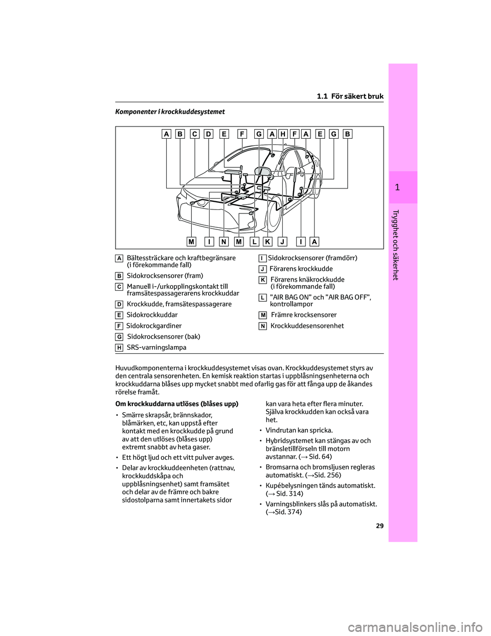 TOYOTA COROLLA 2022 Bruksanvisningar (in Swedish) Komponenter i krockkuddesystemet
ABältessträckare och kraftbegränsare
(i förekommande fall)
BSidokrocksensorer (fram)
CManuell i-/urkopplingskontakt till
framsätespassagerarens krockkuddar
DKrock TOYOTA COROLLA 2022 Bruksanvisningar (in Swedish) Komponenter i krockkuddesystemet
ABältessträckare och kraftbegränsare
(i förekommande fall)
BSidokrocksensorer (fram)
CManuell i-/urkopplingskontakt till
framsätespassagerarens krockkuddar
DKrock