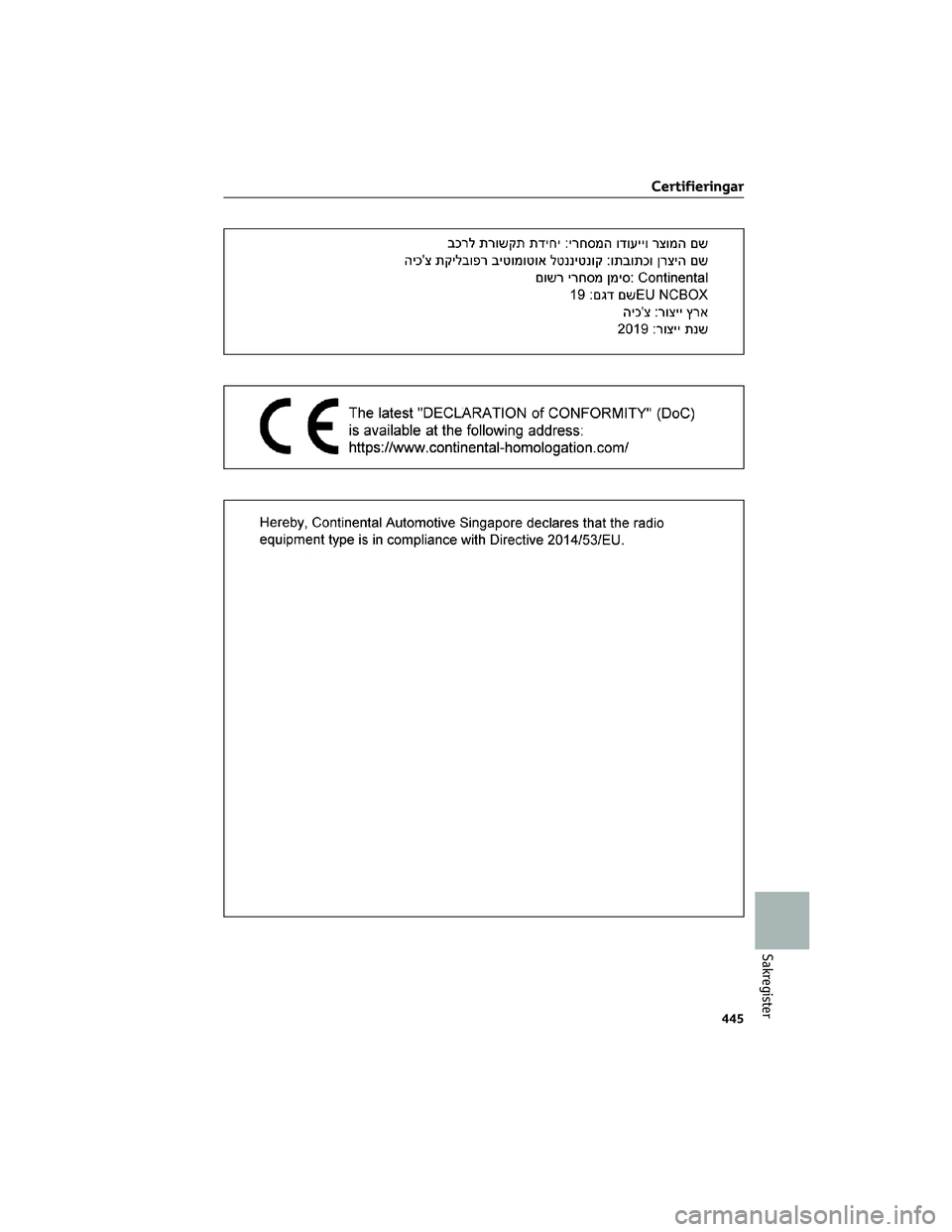 TOYOTA COROLLA 2022  Bruksanvisningar (in Swedish) Certifieringar
445
Sakregister 