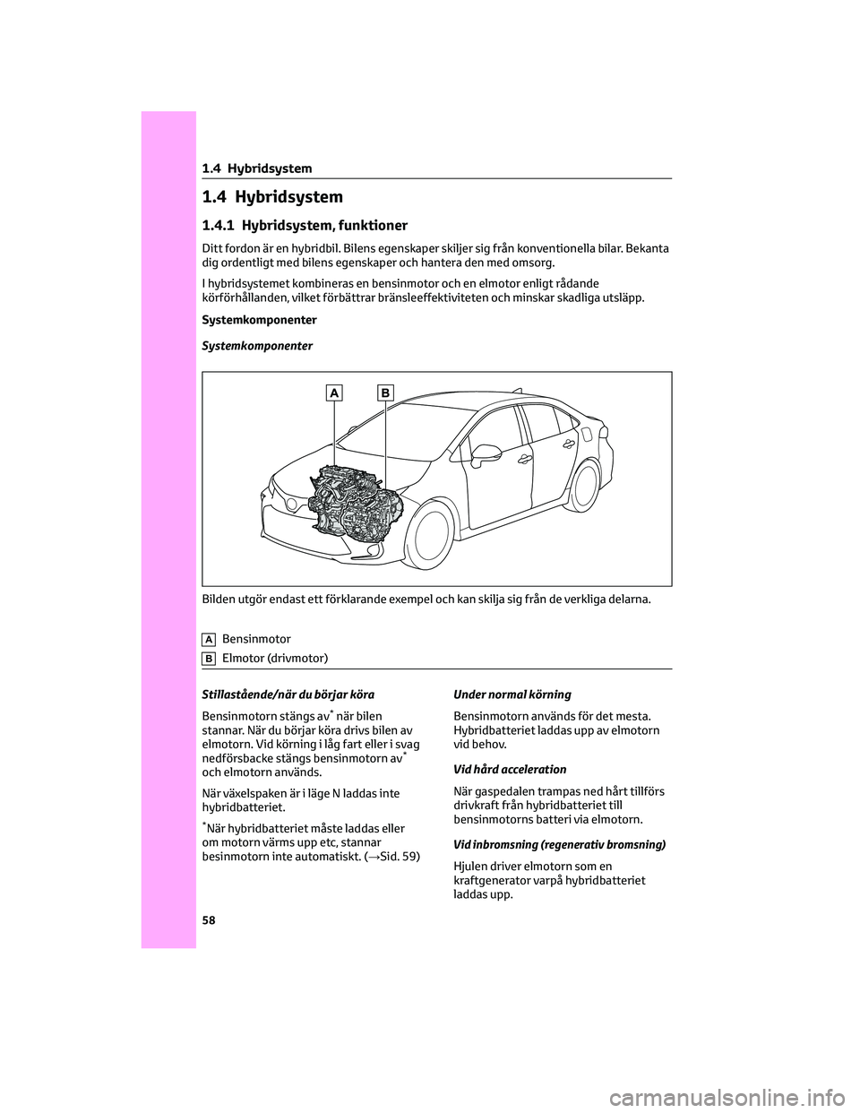 TOYOTA COROLLA 2022 Bruksanvisningar (in Swedish) 1.4 Hybridsystem
1.4.1 Hybridsystem, funktioner
Ditt fordon är en hybridbil. Bilens egenskaper skiljer sig från konventionella bilar. Bekanta
dig ordentligt med bilens egenskaper och hantera den med TOYOTA COROLLA 2022 Bruksanvisningar (in Swedish) 1.4 Hybridsystem
1.4.1 Hybridsystem, funktioner
Ditt fordon är en hybridbil. Bilens egenskaper skiljer sig från konventionella bilar. Bekanta
dig ordentligt med bilens egenskaper och hantera den med
