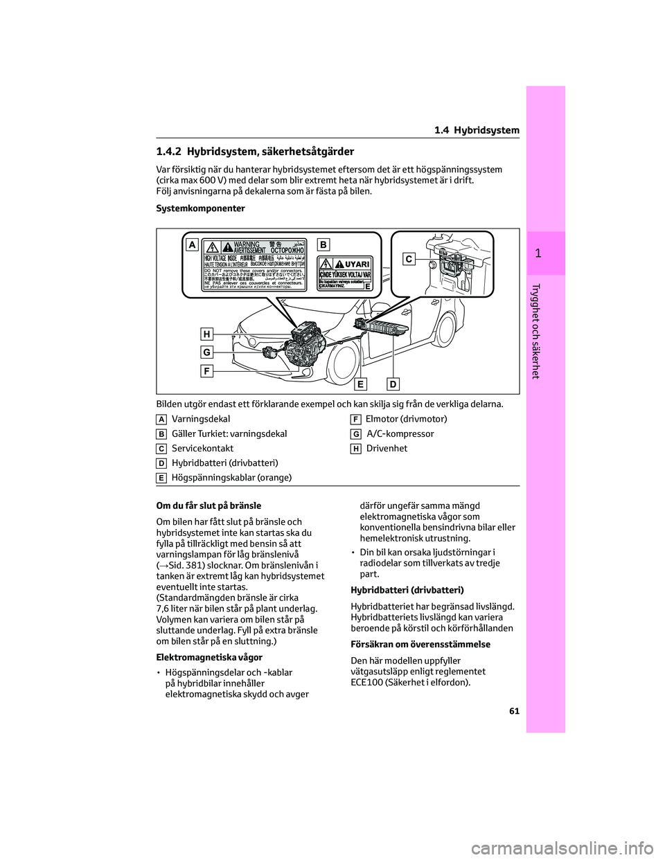 TOYOTA COROLLA 2022 Bruksanvisningar (in Swedish) 1.4.2 Hybridsystem, säkerhetsåtgärder
Var försiktig när du hanterar hybridsystemet eftersom det är ett högspänningssystem
(cirka max 600 V) med delar som blir extremt heta när hybridsystemet TOYOTA COROLLA 2022 Bruksanvisningar (in Swedish) 1.4.2 Hybridsystem, säkerhetsåtgärder
Var försiktig när du hanterar hybridsystemet eftersom det är ett högspänningssystem
(cirka max 600 V) med delar som blir extremt heta när hybridsystemet