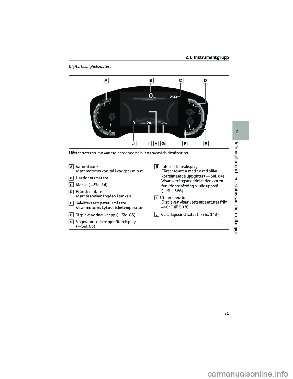 TOYOTA COROLLA 2022 Bruksanvisningar (in Swedish) Digital hastighetsmätare
AVarvräknare
Visar motorns varvtal i varv per minut
BHastighetsmätare
CKlocka (→Sid. 84)
DBränslemätare
Visar bränslemängden i tanken
EKylvätsketemperaturmätare
Vis TOYOTA COROLLA 2022 Bruksanvisningar (in Swedish) Digital hastighetsmätare
AVarvräknare
Visar motorns varvtal i varv per minut
BHastighetsmätare
CKlocka (→Sid. 84)
DBränslemätare
Visar bränslemängden i tanken
EKylvätsketemperaturmätare
Vis