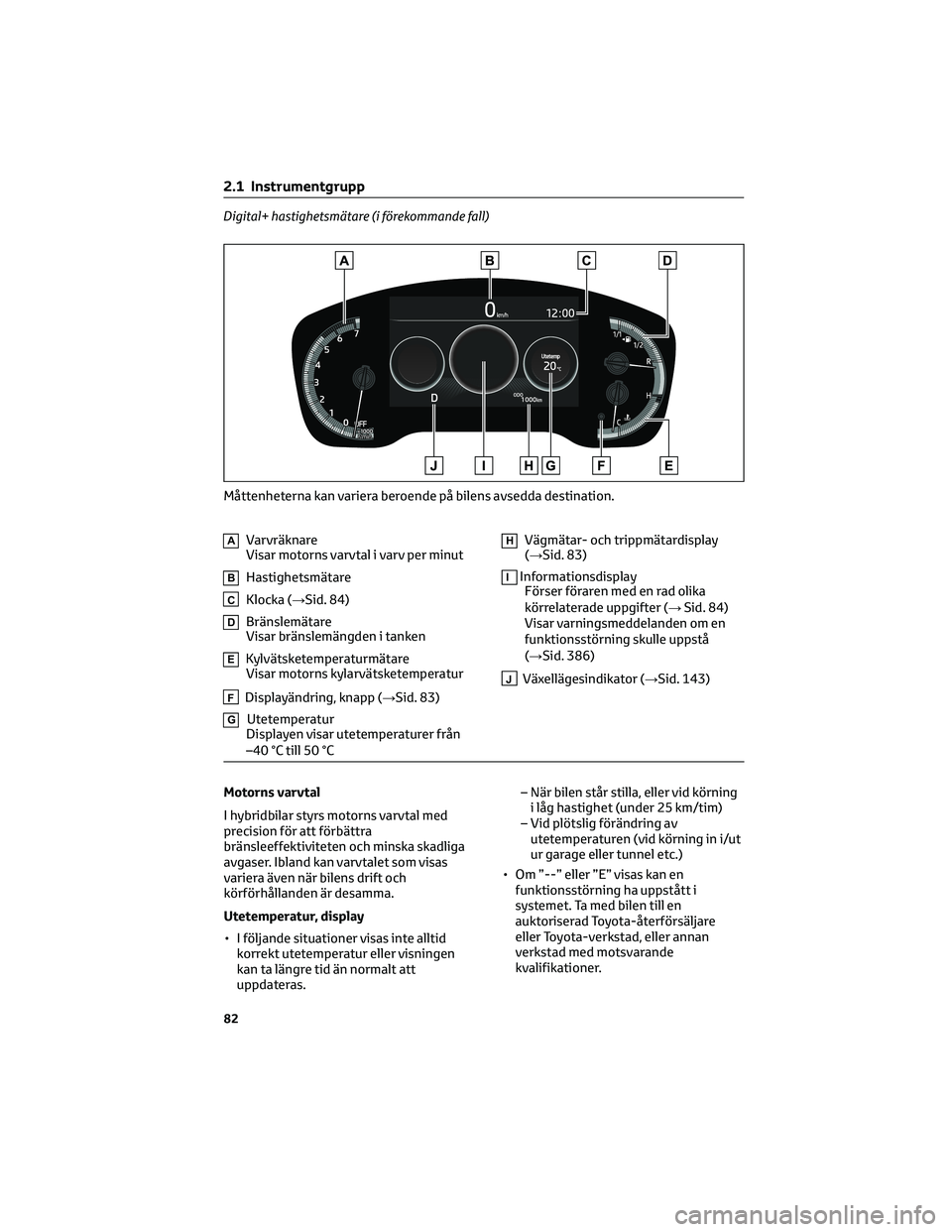 TOYOTA COROLLA 2022 Bruksanvisningar (in Swedish) Digital+ hastighetsmätare (i förekommande fall)
AVarvräknare
Visar motorns varvtal i varv per minut
BHastighetsmätare
CKlocka (→Sid. 84)
DBränslemätare
Visar bränslemängden i tanken
EKylvät TOYOTA COROLLA 2022 Bruksanvisningar (in Swedish) Digital+ hastighetsmätare (i förekommande fall)
AVarvräknare
Visar motorns varvtal i varv per minut
BHastighetsmätare
CKlocka (→Sid. 84)
DBränslemätare
Visar bränslemängden i tanken
EKylvät