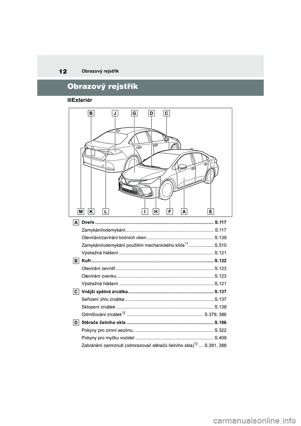 TOYOTA COROLLA 2022 Návod na použití (in Czech) 12Obrazový rejstřík
Obrazový rejstřík
■Exteriér
Dveře .............................................................................................. S.117
Zamykání/odemykání............ TOYOTA COROLLA 2022 Návod na použití (in Czech) 12Obrazový rejstřík
Obrazový rejstřík
■Exteriér
Dveře .............................................................................................. S.117
Zamykání/odemykání............