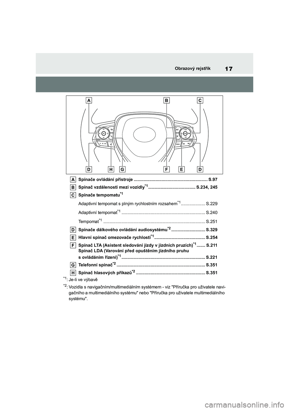 TOYOTA COROLLA 2022 Návod na použití (in Czech) 17Obrazový rejstřík
Spínače ovládání přístroje ............................................................. S.97
Spínač vzdálenosti mezi vozidly*1....................................... TOYOTA COROLLA 2022 Návod na použití (in Czech) 17Obrazový rejstřík
Spínače ovládání přístroje ............................................................. S.97
Spínač vzdálenosti mezi vozidly*1.......................................