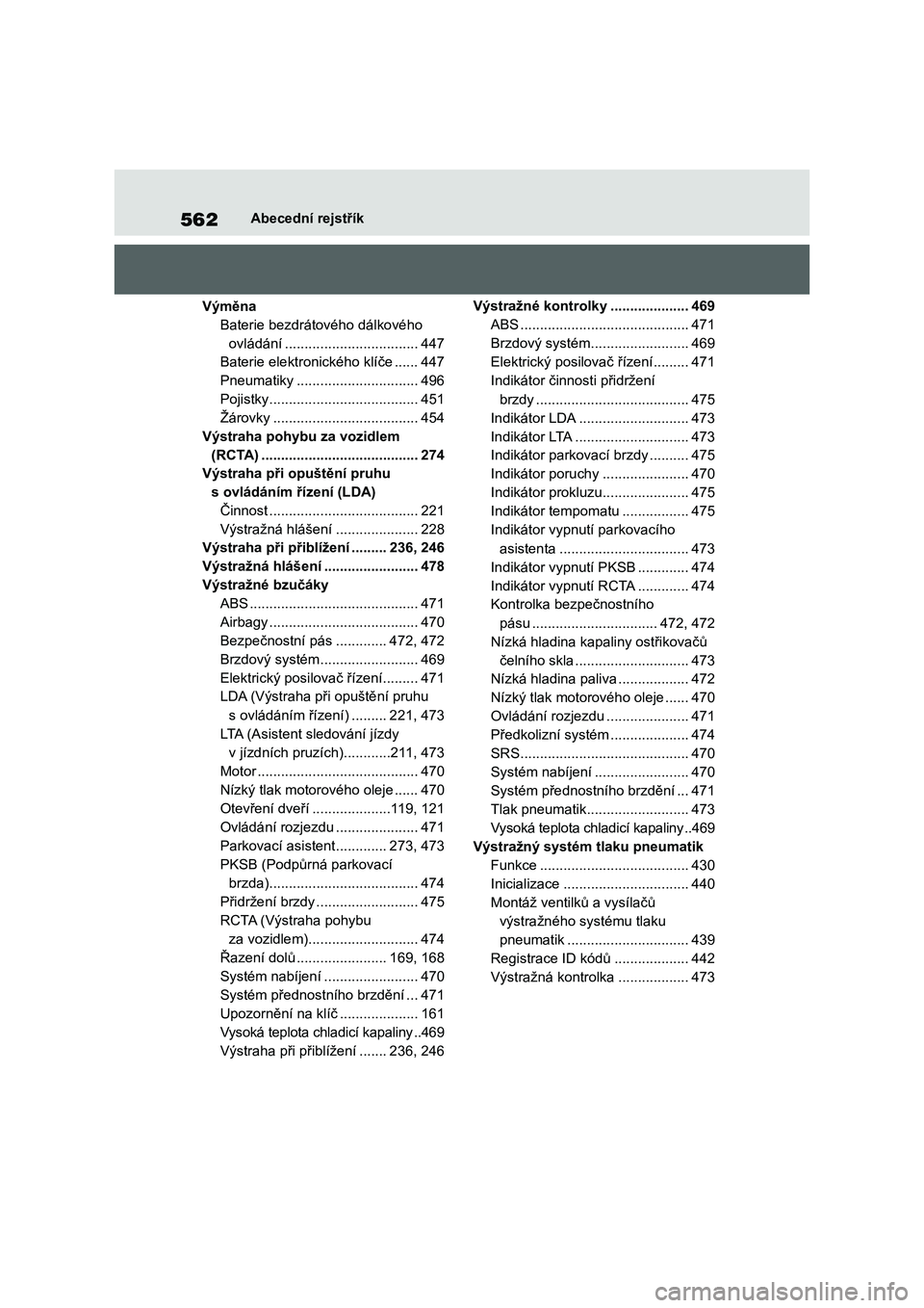 TOYOTA COROLLA 2022  Návod na použití (in Czech) 562Abecední rejstřík
Výměna
Baterie bezdrátového dálkového 
ovládání ..................................447
Baterie elektronického klíče ......447
Pneumatiky ............................
