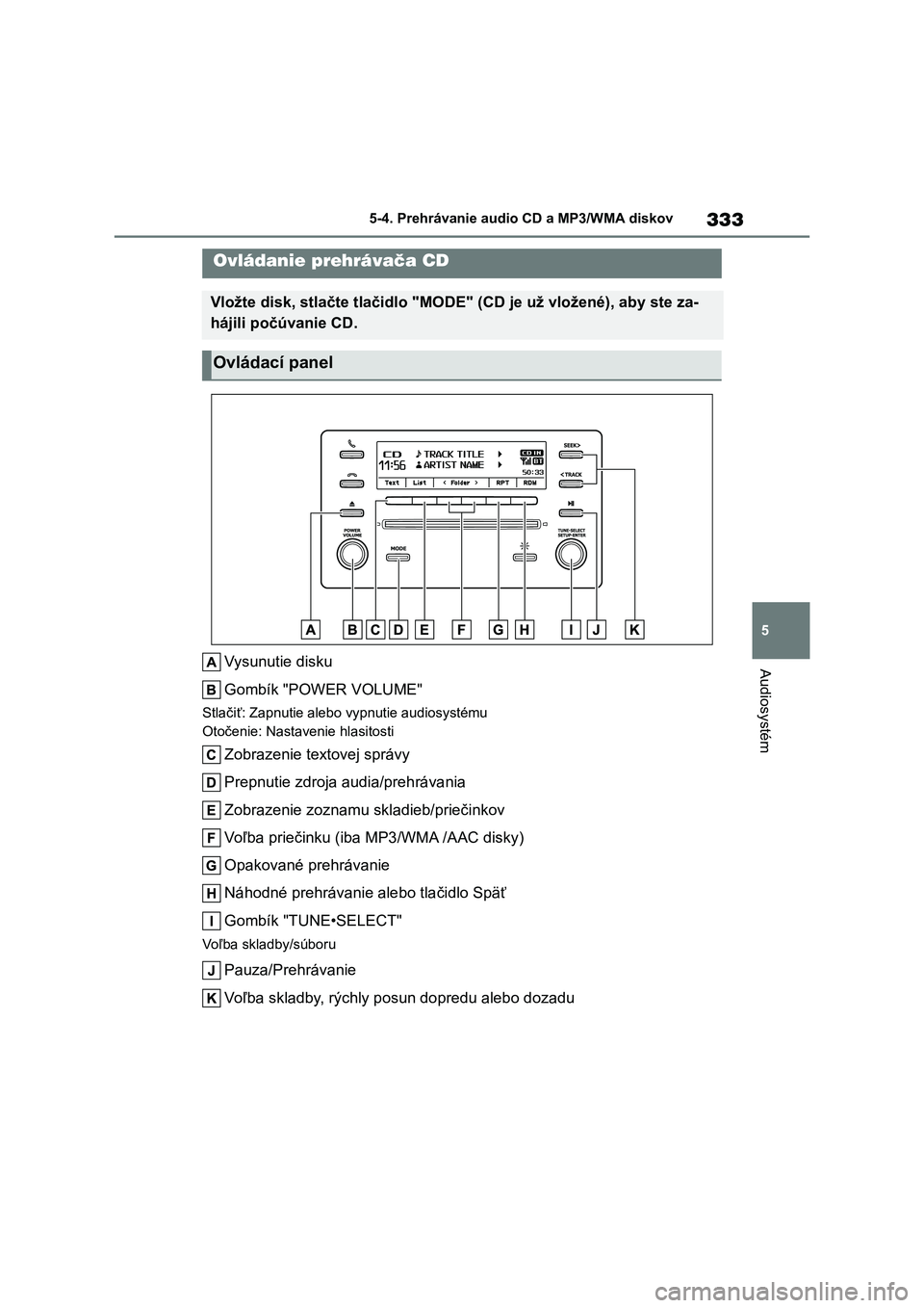TOYOTA COROLLA 2022 Návod na použitie (in Slovakian) 333
5
5-4. Prehrávanie audio CD a MP3/WMA diskov
Audiosystém
5-4.Prehrávanie audio CD a MP3/WMA diskov
Vysunutie disku
Gombík "POWER VOLUME"
Stlačiť: Zapnutie alebo vypnutie audiosys TOYOTA COROLLA 2022 Návod na použitie (in Slovakian) 333
5
5-4. Prehrávanie audio CD a MP3/WMA diskov
Audiosystém
5-4.Prehrávanie audio CD a MP3/WMA diskov
Vysunutie disku
Gombík "POWER VOLUME"
Stlačiť: Zapnutie alebo vypnutie audiosys