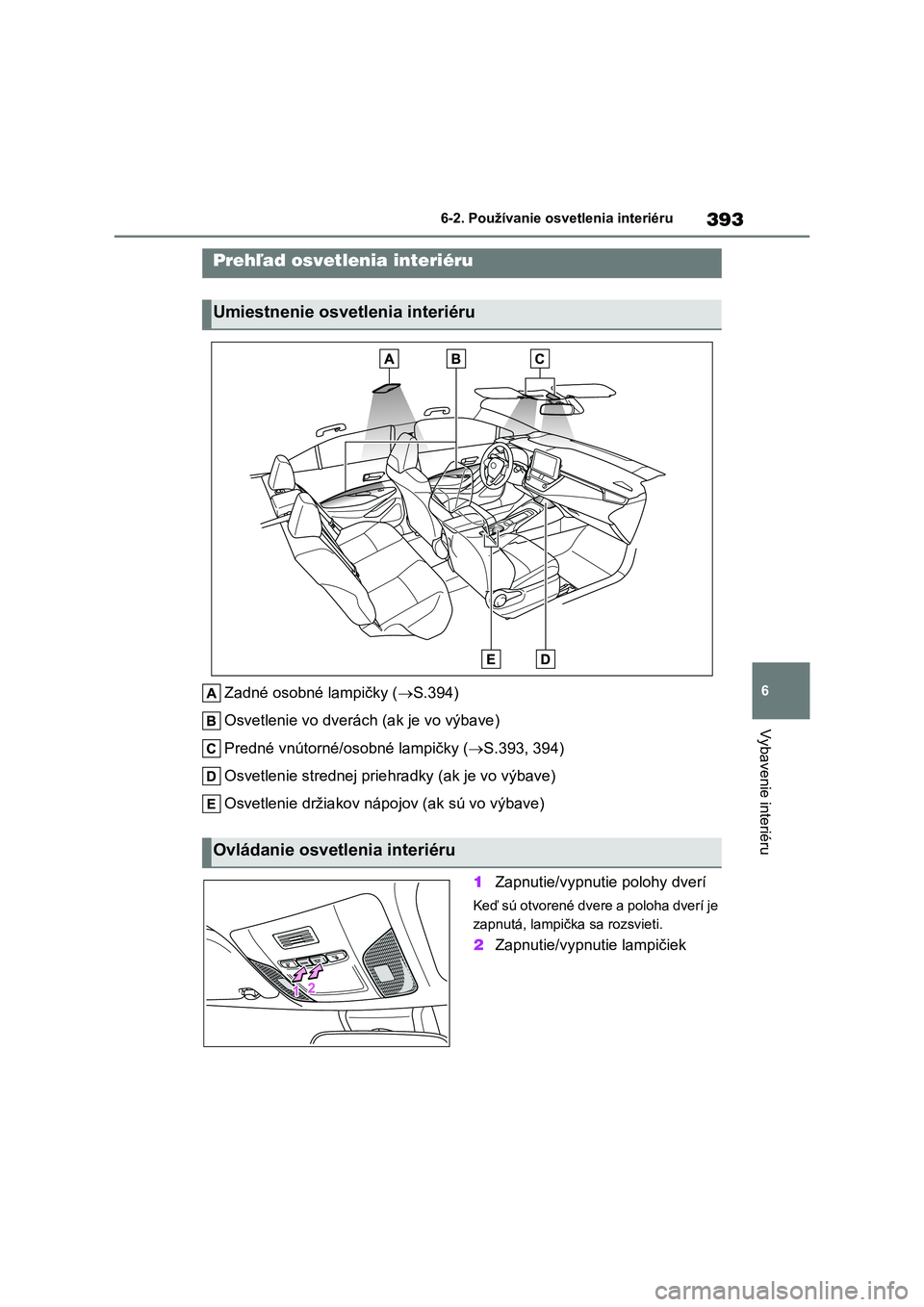 TOYOTA COROLLA 2022  Návod na použitie (in Slovakian) 393
6 
6-2. Používanie osvetlenia interiéru
Vybavenie interiéru
6-2.Používanie osvetlenia interiéru
Zadné osobné lampičky ( S.394) 
Osvetlenie vo dverách (ak je vo výbave)
Predné vnút
