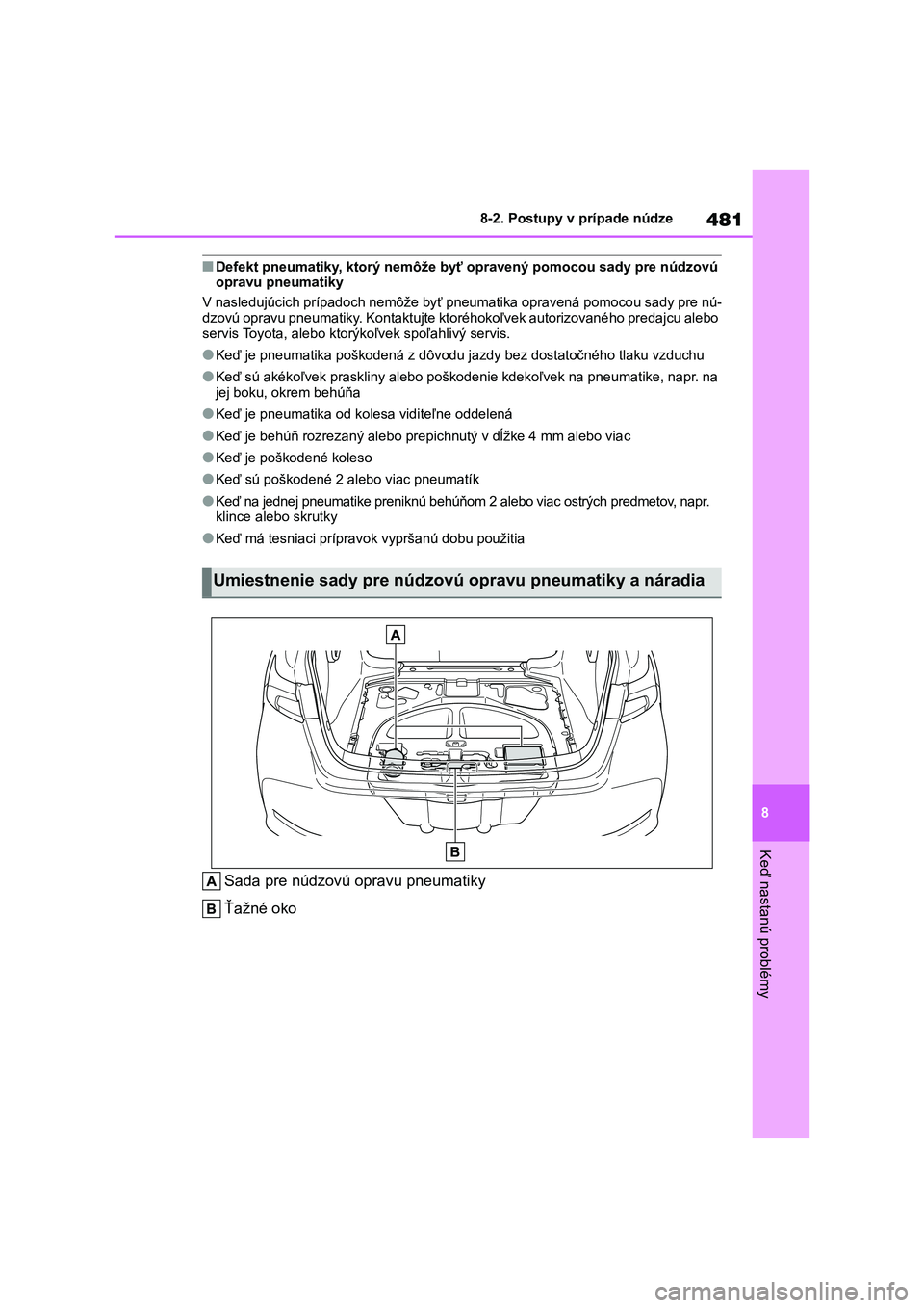TOYOTA COROLLA 2022 Návod na použitie (in Slovakian) 481
8
8-2. Postupy v prípade núdze
Keď nastanú problémy
■Defekt pneumatiky, ktorý nemôže byť opravený pomocou sady pre n údzovú opravu pneumatiky
V nasledujúcich prípadoch nemôže TOYOTA COROLLA 2022 Návod na použitie (in Slovakian) 481
8
8-2. Postupy v prípade núdze
Keď nastanú problémy
■Defekt pneumatiky, ktorý nemôže byť opravený pomocou sady pre n údzovú opravu pneumatiky
V nasledujúcich prípadoch nemôže