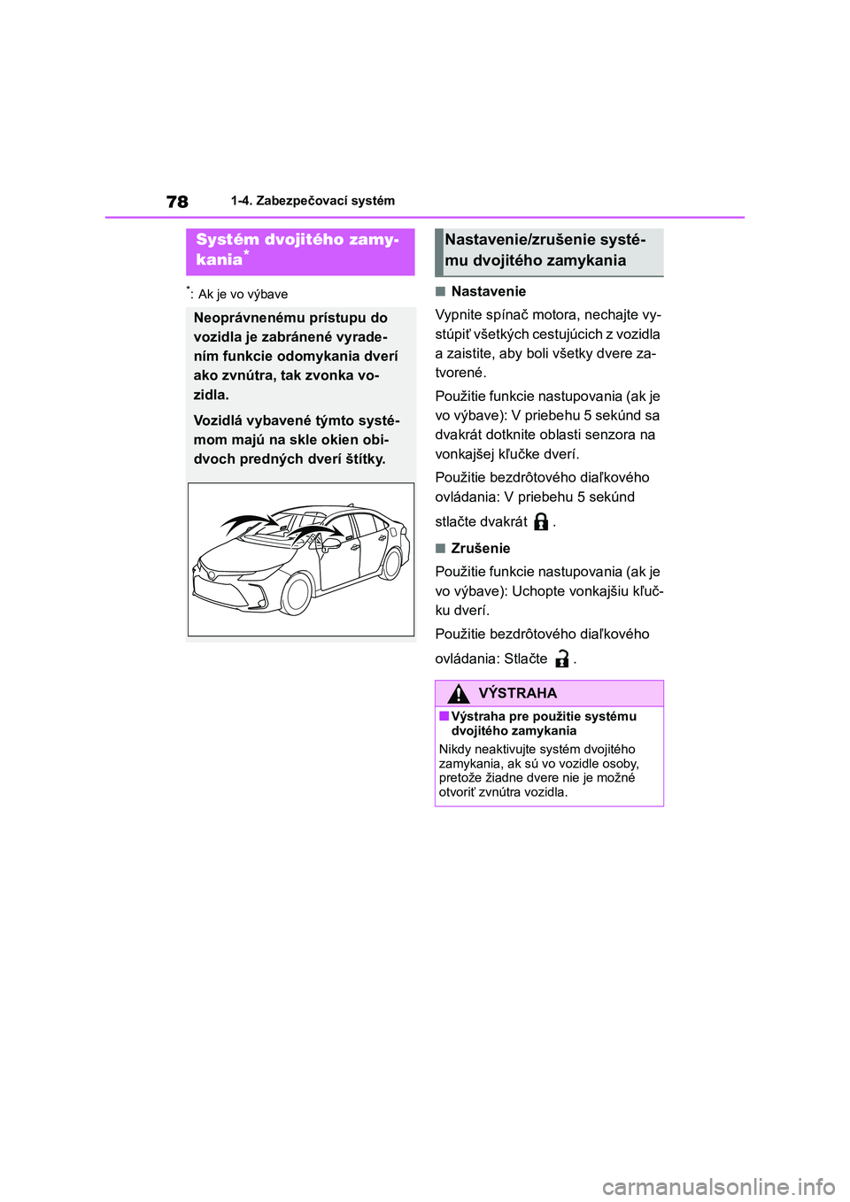 TOYOTA COROLLA 2022 Návod na použitie (in Slovakian) 781-4. Zabezpečovací systém
*: Ak je vo výbave■Nastavenie
Vypnite spínač moto ra, nechajte vy-
stúpiť všetkých cestujúcich z vozidla
a zaistite, aby boli všetky dvere za-
tvorené.
P TOYOTA COROLLA 2022 Návod na použitie (in Slovakian) 781-4. Zabezpečovací systém
*: Ak je vo výbave■Nastavenie
Vypnite spínač moto ra, nechajte vy-
stúpiť všetkých cestujúcich z vozidla
a zaistite, aby boli všetky dvere za-
tvorené.
P
