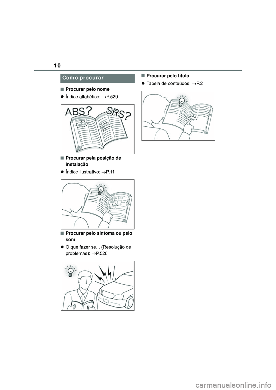 TOYOTA COROLLA 2022  Manual de utilização (in Portuguese) 10
nProcurar pelo nome
Índice alfabético: P. 5 2 9
nProcurar pela posição de 
instalação
Índice ilustrativo: P. 1 1
nProcurar pelo sintoma ou pelo 
som
O que fazer se... (Resolu
