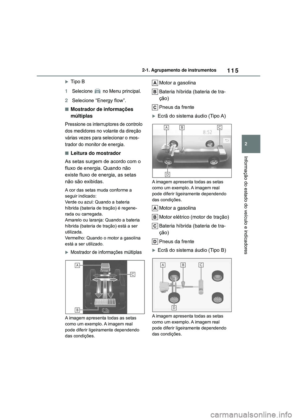 TOYOTA COROLLA 2022 Manual de utilização (in Portuguese) 115
2 2-1. Agrupamento de instrumentos
Informação do estado do veículo e indicadores
Tipo B
1Selecione no Menu principal.
2Selecione “Energy flow”.
nMostrador de informações
múltiplas
P TOYOTA COROLLA 2022 Manual de utilização (in Portuguese) 115
2 2-1. Agrupamento de instrumentos
Informação do estado do veículo e indicadores
Tipo B
1Selecione no Menu principal.
2Selecione “Energy flow”.
nMostrador de informações
múltiplas
P
