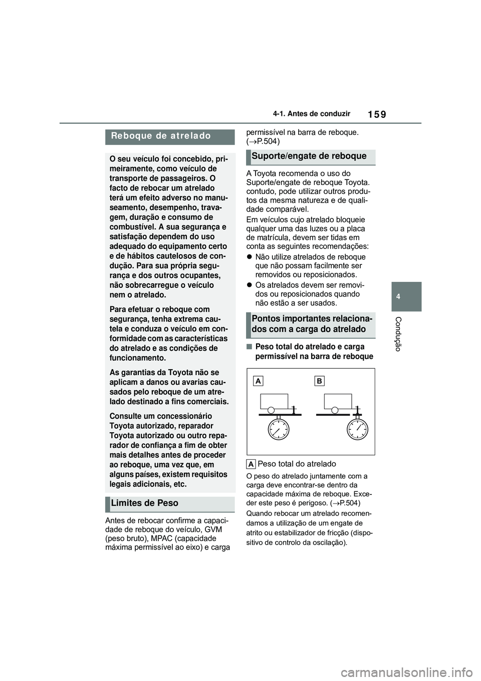 TOYOTA COROLLA 2022 Manual de utilização (in Portuguese) 159
4 4-1. Antes de conduzir
Condução
Antes de rebocar confirme a capaci-
dade de reboque do veículo, GVM
(peso bruto), MPAC (capacidade
máxima permissível ao eixo) e carga permissível na barr TOYOTA COROLLA 2022 Manual de utilização (in Portuguese) 159
4 4-1. Antes de conduzir
Condução
Antes de rebocar confirme a capaci-
dade de reboque do veículo, GVM
(peso bruto), MPAC (capacidade
máxima permissível ao eixo) e carga permissível na barr