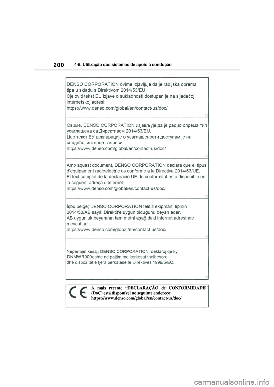 TOYOTA COROLLA 2022  Manual de utilização (in Portuguese) 2004-5. Utilização dos sistemas de apoio à condução
A mais recente “DECLARAÇÃO de CONFORMIDADE”
(DoC) está disponível no seguinte endereço:
https://www.denso.com/global/en/contact-us/doc