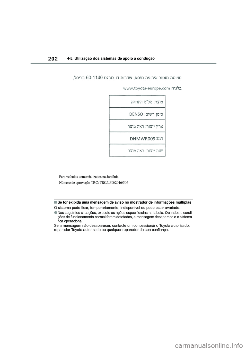 TOYOTA COROLLA 2022  Manual de utilização (in Portuguese) 2024-5. Utilização dos sistemas de apoio à condução
nSe for exibida uma mensagem de aviso no mostrador de informações múltiplas
O sistema pode ficar, temporariamente, indisponível ou pode est