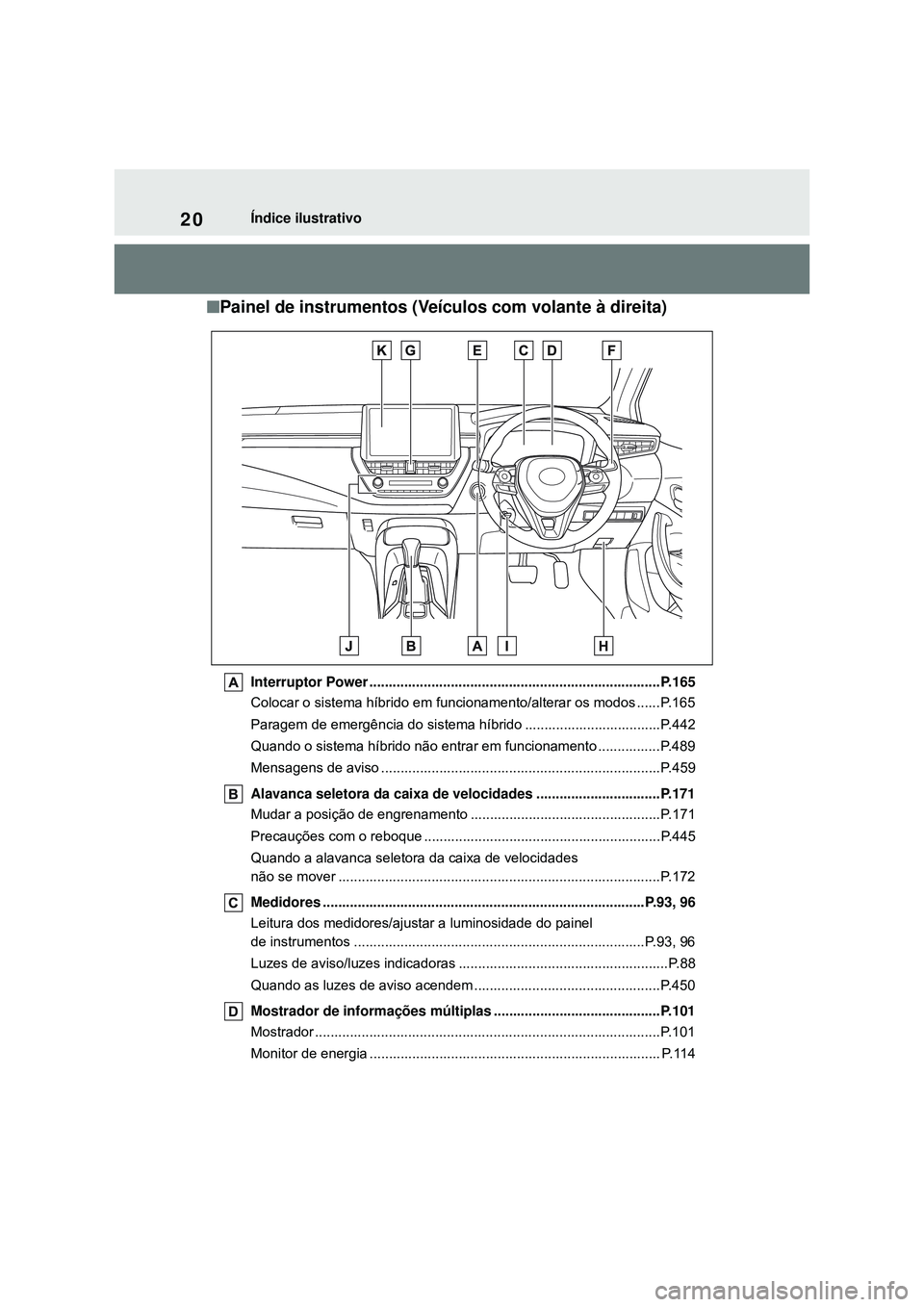 TOYOTA COROLLA 2022 Manual de utilização (in Portuguese) 20Índice ilustrativo
nPainel de instrumentos (Veículos com volante à direita)
Interruptor Power ...........................................................................P.165
Colocar o sistema h TOYOTA COROLLA 2022 Manual de utilização (in Portuguese) 20Índice ilustrativo
nPainel de instrumentos (Veículos com volante à direita)
Interruptor Power ...........................................................................P.165
Colocar o sistema h