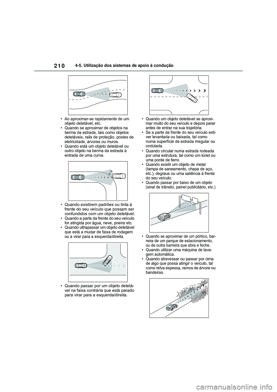 TOYOTA COROLLA 2022 Manual de utilização (in Portuguese) 2104-5. Utilização dos sistemas de apoio à condução
• Ao aproximar-se rapidamente de um
objeto detetável, etc.
• Quando se aproximar de objetos na
berma da estrada, tais como objetos
dete TOYOTA COROLLA 2022 Manual de utilização (in Portuguese) 2104-5. Utilização dos sistemas de apoio à condução
• Ao aproximar-se rapidamente de um
objeto detetável, etc.
• Quando se aproximar de objetos na
berma da estrada, tais como objetos
dete