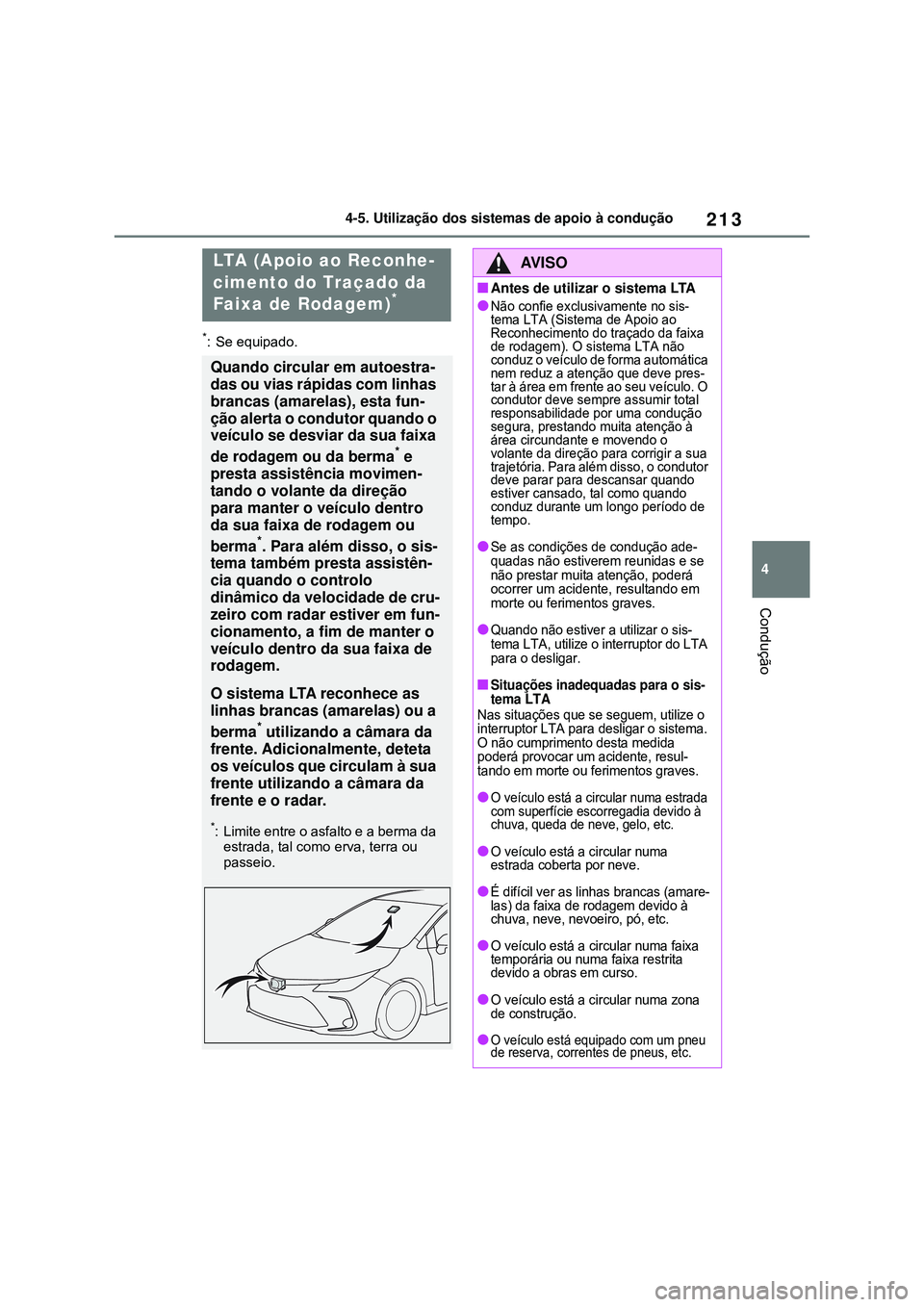 TOYOTA COROLLA 2022 Manual de utilização (in Portuguese) 213
4 4-5. Utilização dos sistemas de apoio à condução
Condução
*: Se equipado.
LTA (Apoio ao Reconhe-
cimento do Traçado da
Faixa de Rodagem)
*
Quando circular em autoestra-
das ou vias ráp TOYOTA COROLLA 2022 Manual de utilização (in Portuguese) 213
4 4-5. Utilização dos sistemas de apoio à condução
Condução
*: Se equipado.
LTA (Apoio ao Reconhe-
cimento do Traçado da
Faixa de Rodagem)
*
Quando circular em autoestra-
das ou vias ráp