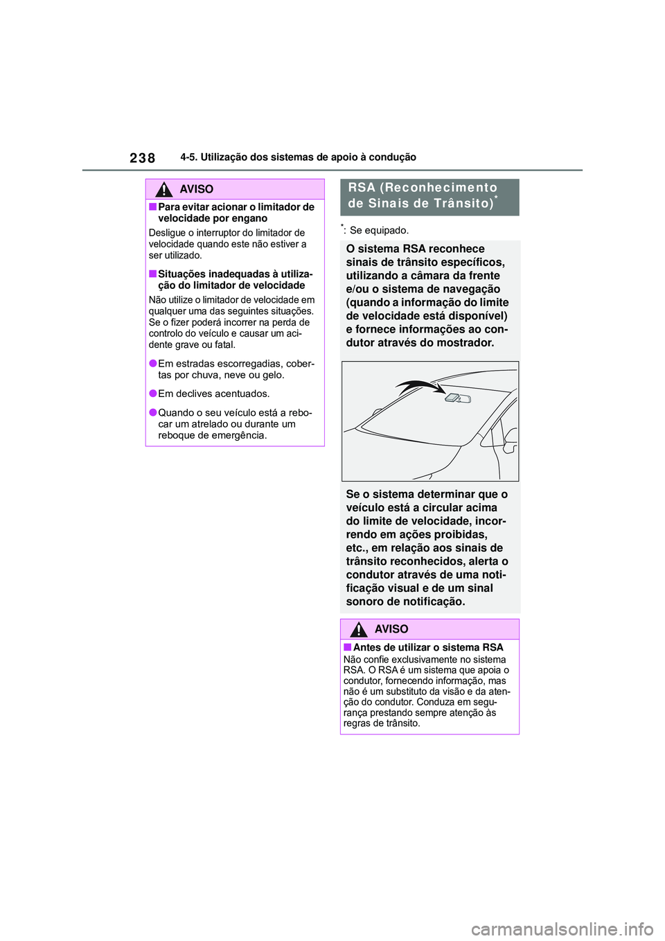 TOYOTA COROLLA 2022 Manual de utilização (in Portuguese) 2384-5. Utilização dos sistemas de apoio à condução
*: Se equipado.
AV I S O
nPara evitar acionar o limitador de
velocidade por engano
Desligue o interruptor do limitador de
velocidade quando TOYOTA COROLLA 2022 Manual de utilização (in Portuguese) 2384-5. Utilização dos sistemas de apoio à condução
*: Se equipado.
AV I S O
nPara evitar acionar o limitador de
velocidade por engano
Desligue o interruptor do limitador de
velocidade quando