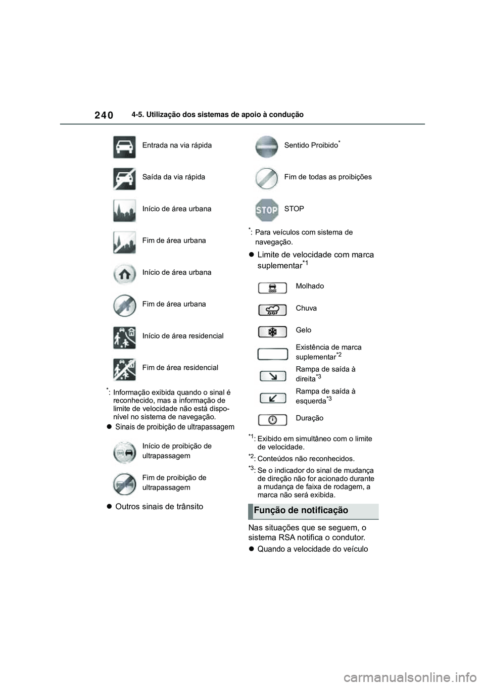 TOYOTA COROLLA 2022 Manual de utilização (in Portuguese) 2404-5. Utilização dos sistemas de apoio à condução
*: Informação exibida quando o sinal é
reconhecido, mas a informação de
limite de velocidade não está dispo-
nível no sistema de nave TOYOTA COROLLA 2022 Manual de utilização (in Portuguese) 2404-5. Utilização dos sistemas de apoio à condução
*: Informação exibida quando o sinal é
reconhecido, mas a informação de
limite de velocidade não está dispo-
nível no sistema de nave
