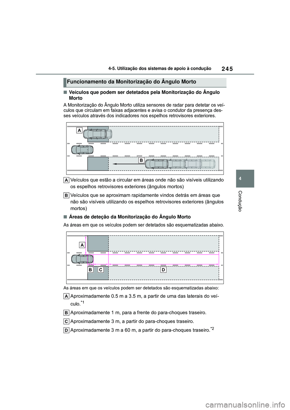 TOYOTA COROLLA 2022 Manual de utilização (in Portuguese) 245
4 4-5. Utilização dos sistemas de apoio à condução
Condução
nVeículos que podem ser detetados pela Monitorização do Ângulo
Morto
A Monitorização do Ângulo Morto utiliza sensores de TOYOTA COROLLA 2022 Manual de utilização (in Portuguese) 245
4 4-5. Utilização dos sistemas de apoio à condução
Condução
nVeículos que podem ser detetados pela Monitorização do Ângulo
Morto
A Monitorização do Ângulo Morto utiliza sensores de