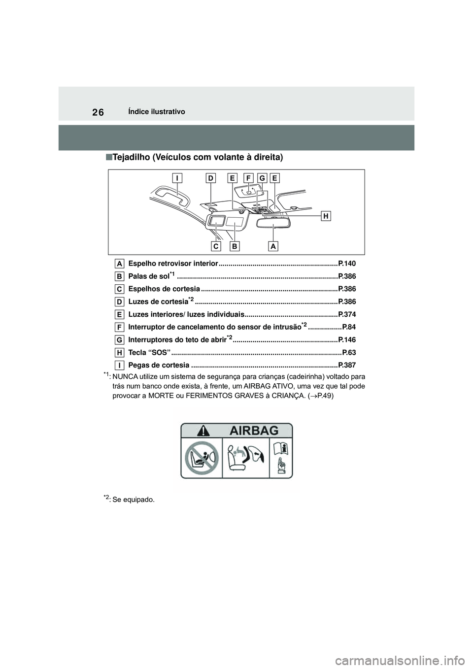 TOYOTA COROLLA 2022 Manual de utilização (in Portuguese) 26Índice ilustrativo
nTejadilho (Veículos com volante à direita)
Espelho retrovisor interior ............................................................P.140
Palas de sol
*1....................... TOYOTA COROLLA 2022 Manual de utilização (in Portuguese) 26Índice ilustrativo
nTejadilho (Veículos com volante à direita)
Espelho retrovisor interior ............................................................P.140
Palas de sol
*1.......................