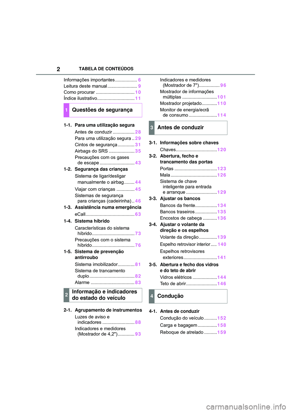 TOYOTA COROLLA 2022  Manual de utilização (in Portuguese) 2TABELA DE CONTEÚDOS
Informações importantes .................6
Leitura deste manual .......................9
Como procurar ..............................10
Índice ilustrativo.....................
