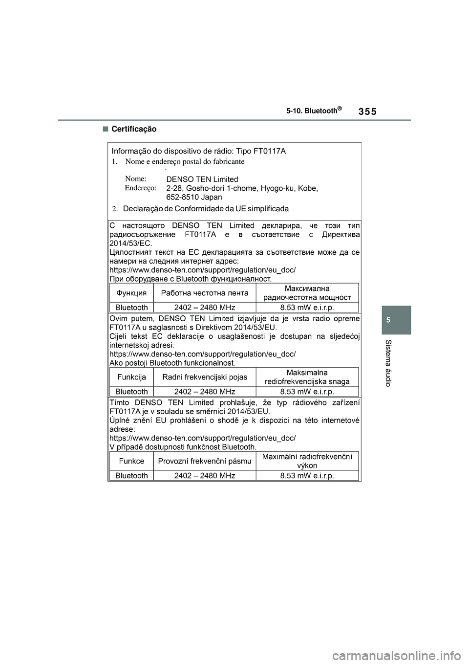 TOYOTA COROLLA 2022 Manual de utilização (in Portuguese) 355
5 5-10. Bluetooth
®
Sistema áudio
nCertificação
Informação do dispositivo de rádio: Tipo FT0117A
1. Nome e endereço postal do fabricante
2. Declaração de Conformidade da UE simpli TOYOTA COROLLA 2022 Manual de utilização (in Portuguese) 355
5 5-10. Bluetooth
®
Sistema áudio
nCertificação
Informação do dispositivo de rádio: Tipo FT0117A
1. Nome e endereço postal do fabricante
2. Declaração de Conformidade da UE simpli