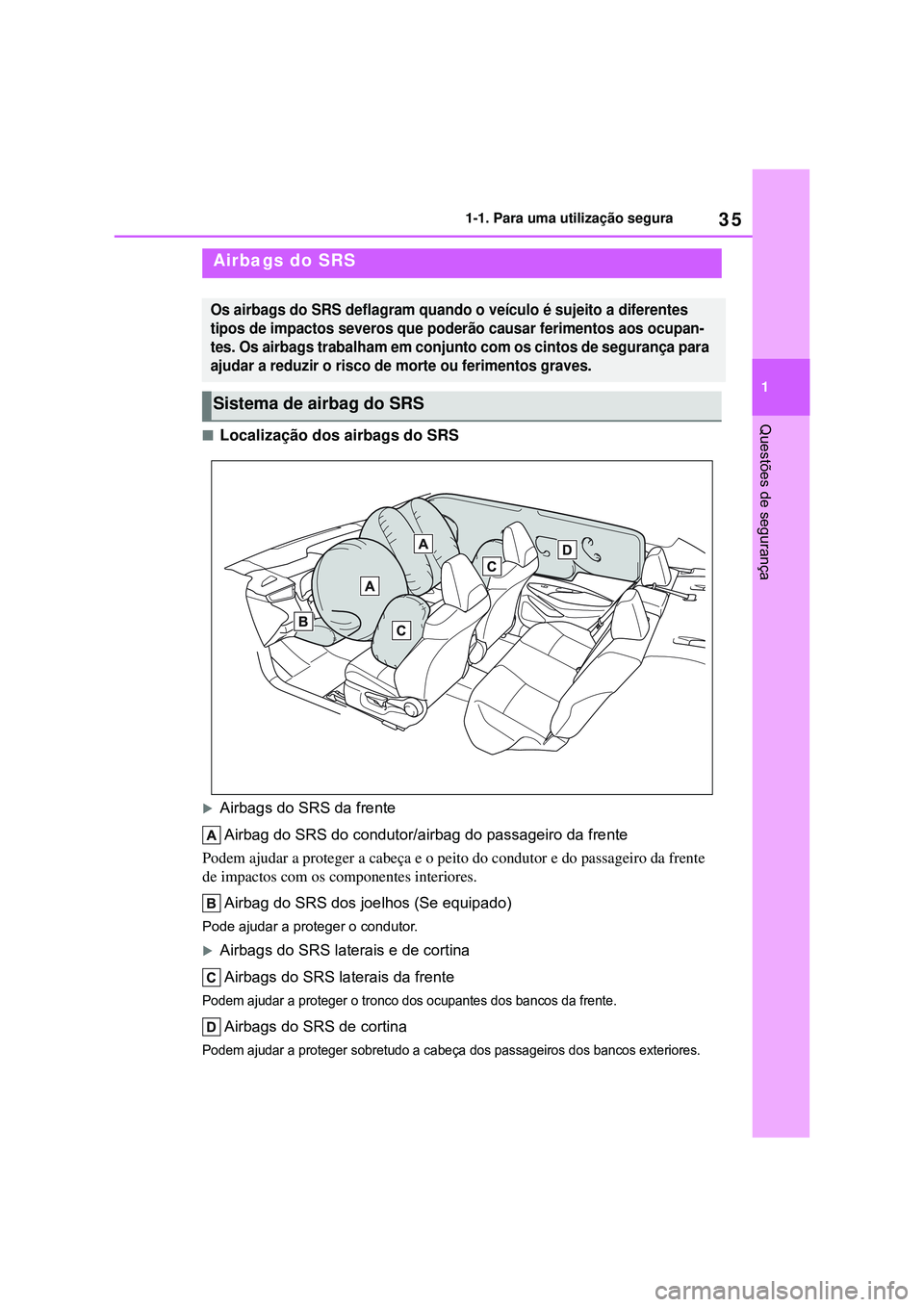 TOYOTA COROLLA 2022 Manual de utilização (in Portuguese) 35
1 1-1. Para uma utilização segura
Questões de segurança
nLocalização dos airbags do SRS
Airbags do SRS da frente
Airbag do SRS do condutor/airbag do passageiro da frente
Podem ajudar a pro TOYOTA COROLLA 2022 Manual de utilização (in Portuguese) 35
1 1-1. Para uma utilização segura
Questões de segurança
nLocalização dos airbags do SRS
Airbags do SRS da frente
Airbag do SRS do condutor/airbag do passageiro da frente
Podem ajudar a pro