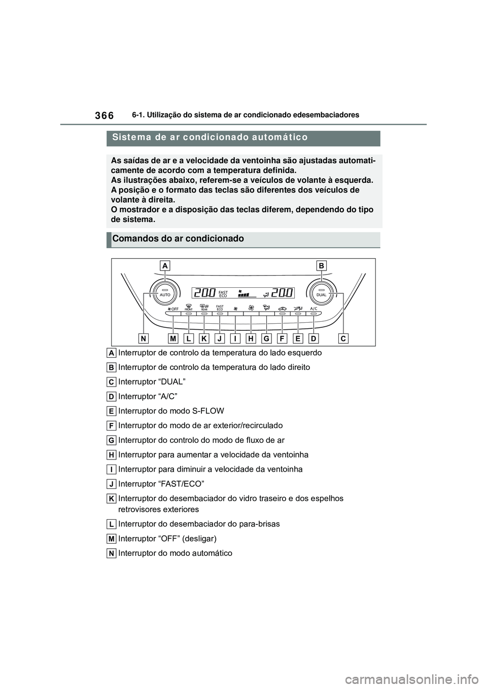 TOYOTA COROLLA 2022 Manual de utilização (in Portuguese) 3666-1. Utilização do sistema de ar condicionado edesembaciadores
6-1.Utilização do sistema de ar condicionado edesembaciadores
Interruptor de controlo da temperatura do lado esquerdo
Interruptor TOYOTA COROLLA 2022 Manual de utilização (in Portuguese) 3666-1. Utilização do sistema de ar condicionado edesembaciadores
6-1.Utilização do sistema de ar condicionado edesembaciadores
Interruptor de controlo da temperatura do lado esquerdo
Interruptor