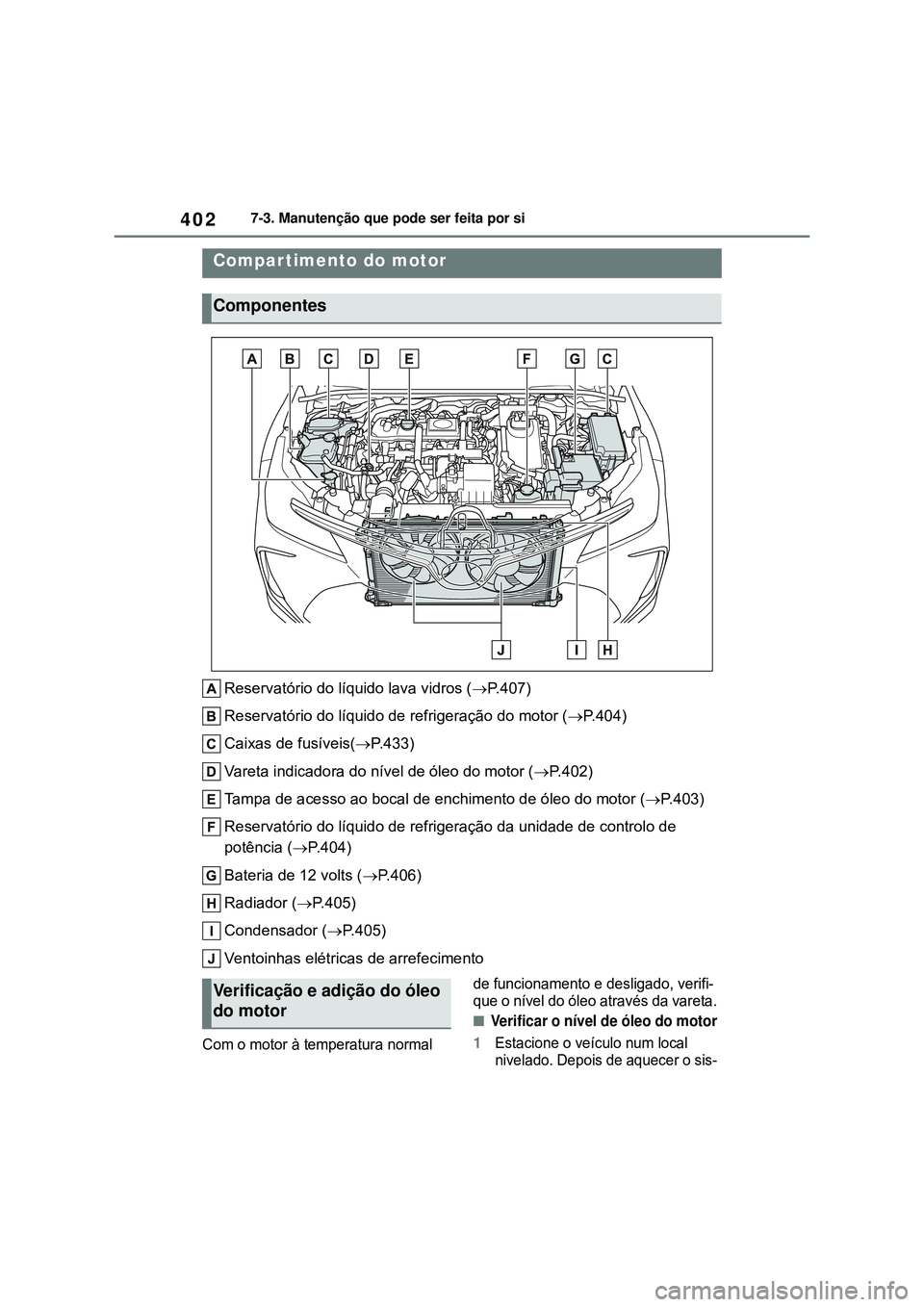 TOYOTA COROLLA 2022 Manual de utilização (in Portuguese) 4027-3. Manutenção que pode ser feita por si
Reservatório do líquido lava vidros (P.407)
Reservatório do líquido de refrigeração do motor (P.404)
Caixas de fusíveis(P.433)
Vareta ind TOYOTA COROLLA 2022 Manual de utilização (in Portuguese) 4027-3. Manutenção que pode ser feita por si
Reservatório do líquido lava vidros (P.407)
Reservatório do líquido de refrigeração do motor (P.404)
Caixas de fusíveis(P.433)
Vareta ind