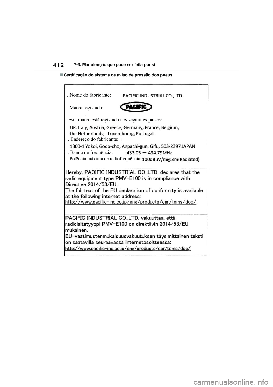 TOYOTA COROLLA 2022 Manual de utilização (in Portuguese) 4127-3. Manutenção que pode ser feita por si
nCertificação do sistema de aviso de pressão dos pneus
. Nome do fabricante:
. Marca registada:
Esta marca está registada nos seguintes países:
. Ba TOYOTA COROLLA 2022 Manual de utilização (in Portuguese) 4127-3. Manutenção que pode ser feita por si
nCertificação do sistema de aviso de pressão dos pneus
. Nome do fabricante:
. Marca registada:
Esta marca está registada nos seguintes países:
. Ba