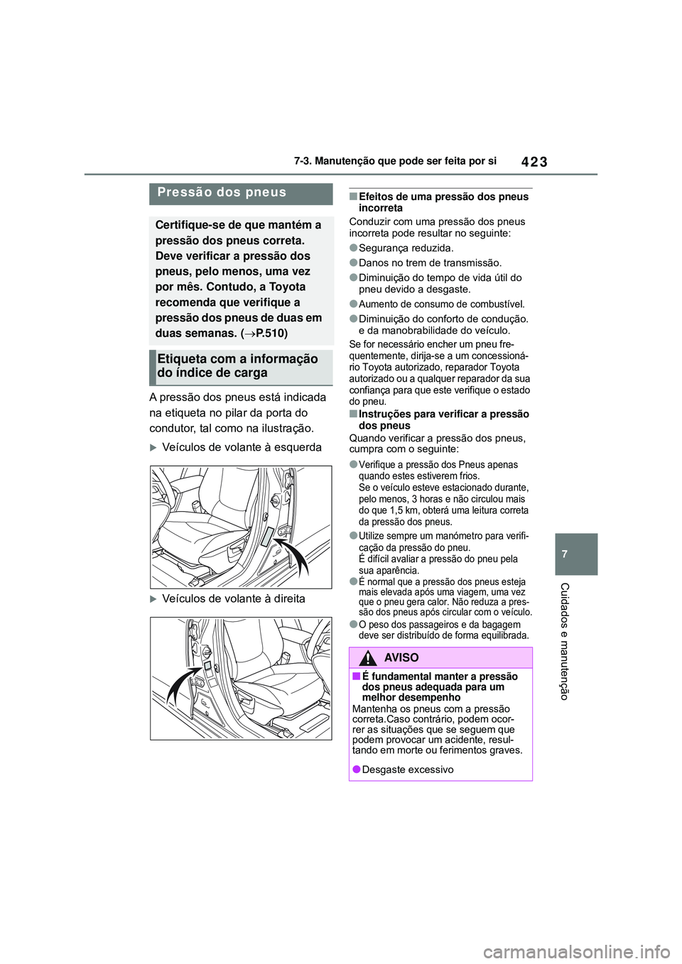 TOYOTA COROLLA 2022 Manual de utilização (in Portuguese) 423
7 7-3. Manutenção que pode ser feita por si
Cuidados e manutenção
A pressão dos pneus está indicada
na etiqueta no pilar da porta do
condutor, tal como na ilustração.
Veículos de vol TOYOTA COROLLA 2022 Manual de utilização (in Portuguese) 423
7 7-3. Manutenção que pode ser feita por si
Cuidados e manutenção
A pressão dos pneus está indicada
na etiqueta no pilar da porta do
condutor, tal como na ilustração.
Veículos de vol