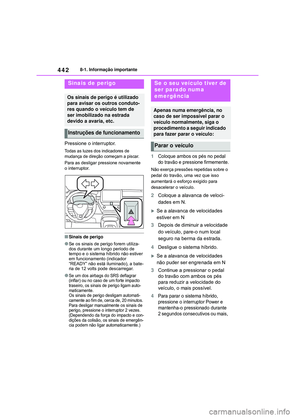 TOYOTA COROLLA 2022 Manual de utilização (in Portuguese) 4428-1. Informação importante
8-1.Informação importante
Pressione o interruptor.
Todas as luzes dos indicadores de
mudança de direção começam a piscar.
Para as desligar pressione novamente
o TOYOTA COROLLA 2022 Manual de utilização (in Portuguese) 4428-1. Informação importante
8-1.Informação importante
Pressione o interruptor.
Todas as luzes dos indicadores de
mudança de direção começam a piscar.
Para as desligar pressione novamente
o