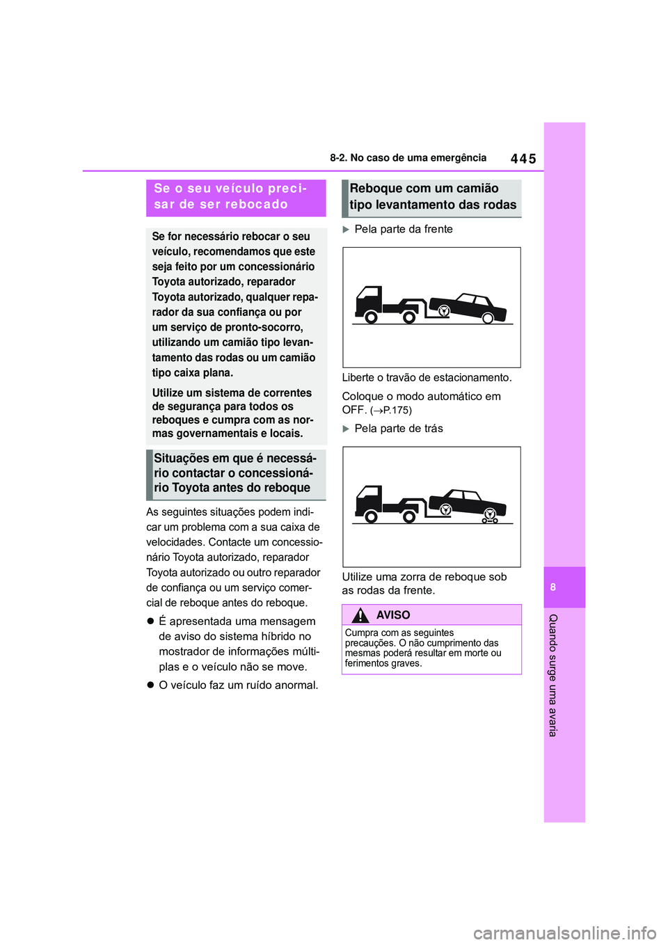 TOYOTA COROLLA 2022 Manual de utilização (in Portuguese) 445
8 8-2. No caso de uma emergência
Quando surge uma avaria
8-2.No caso de uma emergência
As seguintes situações podem indi-
car um problema com a sua caixa de
velocidades. Contacte um concessio TOYOTA COROLLA 2022 Manual de utilização (in Portuguese) 445
8 8-2. No caso de uma emergência
Quando surge uma avaria
8-2.No caso de uma emergência
As seguintes situações podem indi-
car um problema com a sua caixa de
velocidades. Contacte um concessio