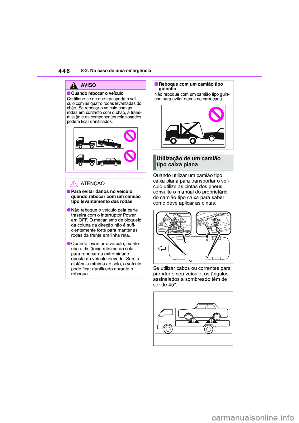TOYOTA COROLLA 2022 Manual de utilização (in Portuguese) 4468-2. No caso de uma emergência
Quando utilizar um camião tipo
caixa plana para transportar o veí-
culo utilize as cintas dos pneus.
consulte o manual do proprietário
do camião tipo caixa pa TOYOTA COROLLA 2022 Manual de utilização (in Portuguese) 4468-2. No caso de uma emergência
Quando utilizar um camião tipo
caixa plana para transportar o veí-
culo utilize as cintas dos pneus.
consulte o manual do proprietário
do camião tipo caixa pa