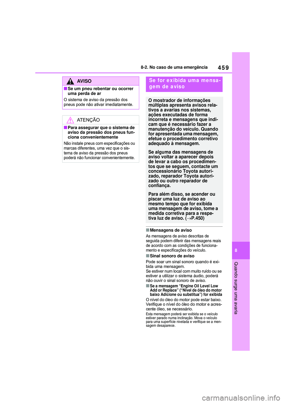 TOYOTA COROLLA 2022 Manual de utilização (in Portuguese) 459
8 8-2. No caso de uma emergência
Quando surge uma avaria
nMensagens de aviso
As mensagens de aviso descritas de
seguida podem diferir das mensagens reais
de acordo com as condições de funcion TOYOTA COROLLA 2022 Manual de utilização (in Portuguese) 459
8 8-2. No caso de uma emergência
Quando surge uma avaria
nMensagens de aviso
As mensagens de aviso descritas de
seguida podem diferir das mensagens reais
de acordo com as condições de funcion