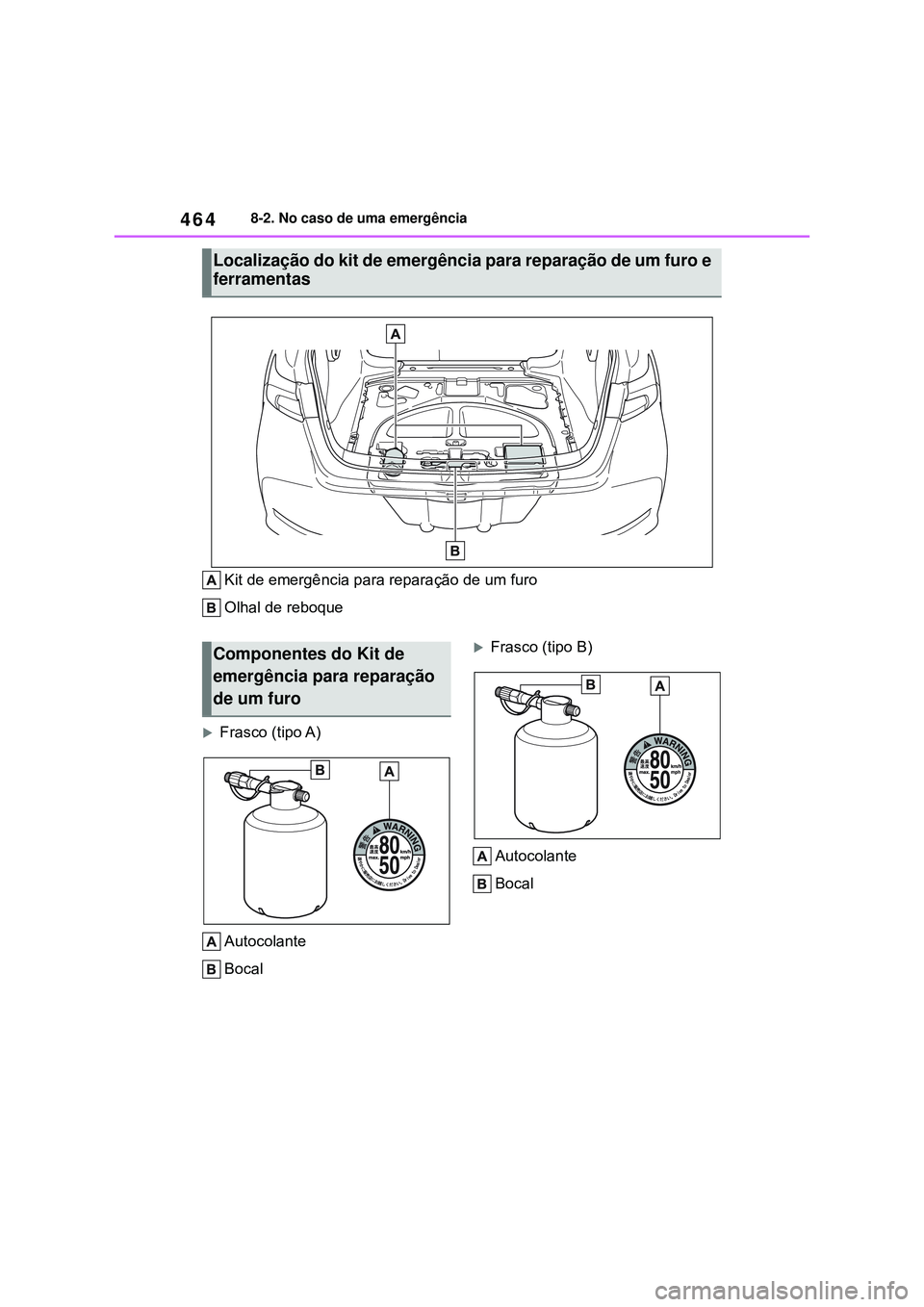 TOYOTA COROLLA 2022 Manual de utilização (in Portuguese) 4648-2. No caso de uma emergência
Kit de emergência para reparação de um furo
Olhal de reboque
Frasco (tipo A)
Autocolante
Bocal
Frasco (tipo B)
Autocolante
Bocal
Localização do kit de eme TOYOTA COROLLA 2022 Manual de utilização (in Portuguese) 4648-2. No caso de uma emergência
Kit de emergência para reparação de um furo
Olhal de reboque
Frasco (tipo A)
Autocolante
Bocal
Frasco (tipo B)
Autocolante
Bocal
Localização do kit de eme