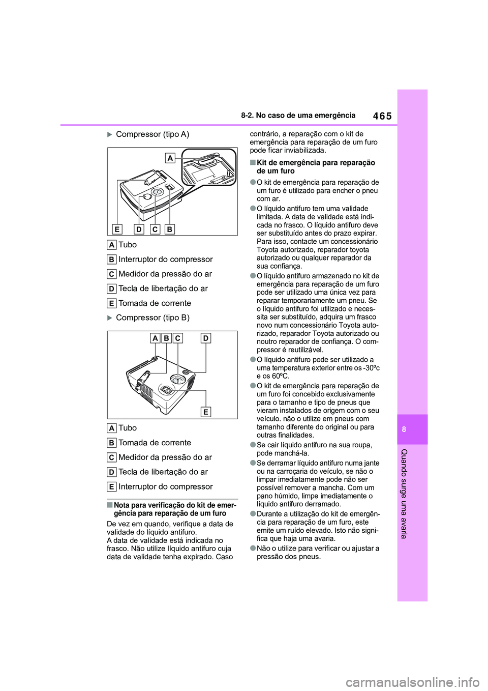 TOYOTA COROLLA 2022 Manual de utilização (in Portuguese) 465
8 8-2. No caso de uma emergência
Quando surge uma avaria
Compressor (tipo A)
Tubo
Interruptor do compressor
Medidor da pressão do ar
Tecla de libertação do ar
Tomada de corrente
Compress TOYOTA COROLLA 2022 Manual de utilização (in Portuguese) 465
8 8-2. No caso de uma emergência
Quando surge uma avaria
Compressor (tipo A)
Tubo
Interruptor do compressor
Medidor da pressão do ar
Tecla de libertação do ar
Tomada de corrente
Compress