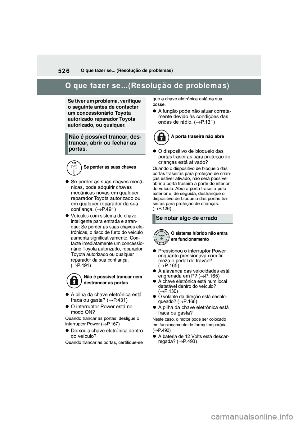 TOYOTA COROLLA 2022 Manual de utilização (in Portuguese) 526O que fazer se... (Resolução de problemas)
1-1.O que fazer se... (Resolução de problemas)O que fazer se...(Resolução de problemas)
Se perder as suas chaves mecâ-
nicas, pode adquirir chav TOYOTA COROLLA 2022 Manual de utilização (in Portuguese) 526O que fazer se... (Resolução de problemas)
1-1.O que fazer se... (Resolução de problemas)O que fazer se...(Resolução de problemas)
Se perder as suas chaves mecâ-
nicas, pode adquirir chav