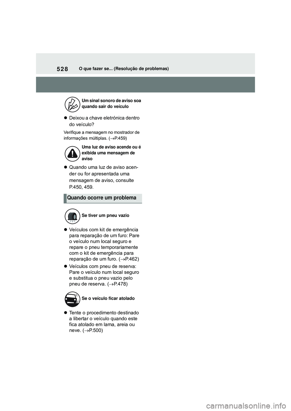 TOYOTA COROLLA 2022 Manual de utilização (in Portuguese) 528O que fazer se... (Resolução de problemas)
Deixou a chave eletrónica dentro
do veículo?
Verifique a mensagem no mostrador de
informações múltiplas. (P.459)
Quando uma luz de aviso TOYOTA COROLLA 2022 Manual de utilização (in Portuguese) 528O que fazer se... (Resolução de problemas)
Deixou a chave eletrónica dentro
do veículo?
Verifique a mensagem no mostrador de
informações múltiplas. (P.459)
Quando uma luz de aviso